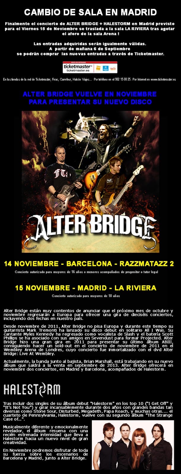 ALTER BRIDGE + HALESTORM : Cambio de sala en Madrid. El concierto será en La Riviera