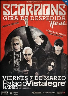 Horarios de los conciertos de SCORPIONS de esta semana en Madrid junto a H.E.A.T y Steel Panther