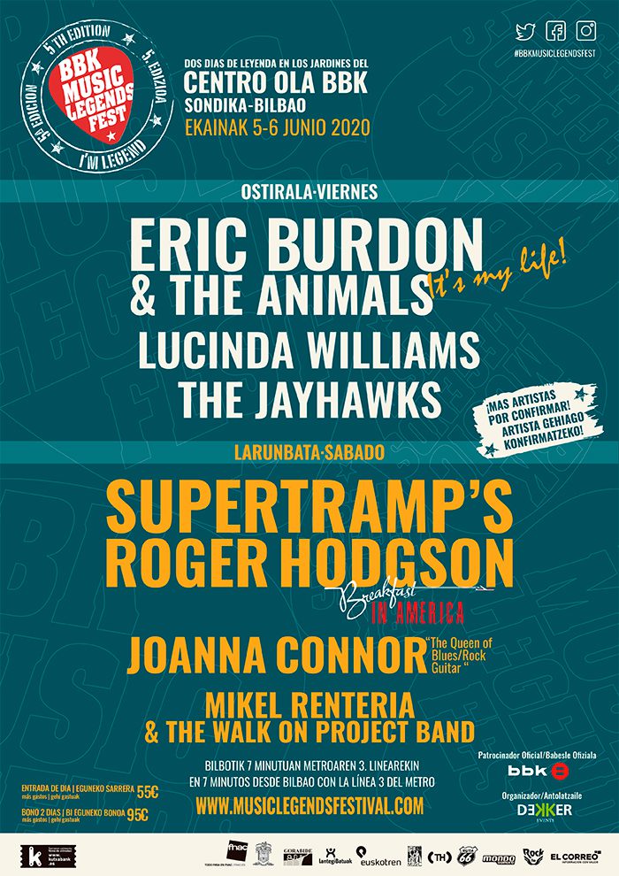 Eric Burdon & The Animals y Lucinda Williams nuevas confirmaciones del BBK Music Legends Festival 2020