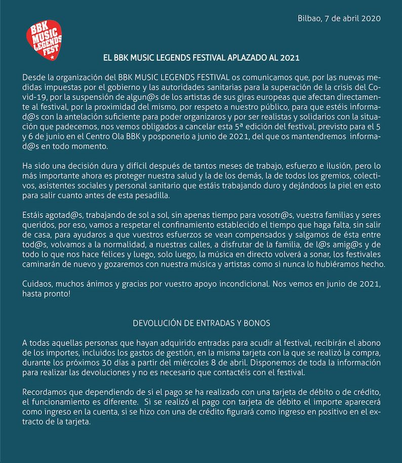 EL BBK MUSIC LEGENDS FESTIVAL APLAZADO AL 2021