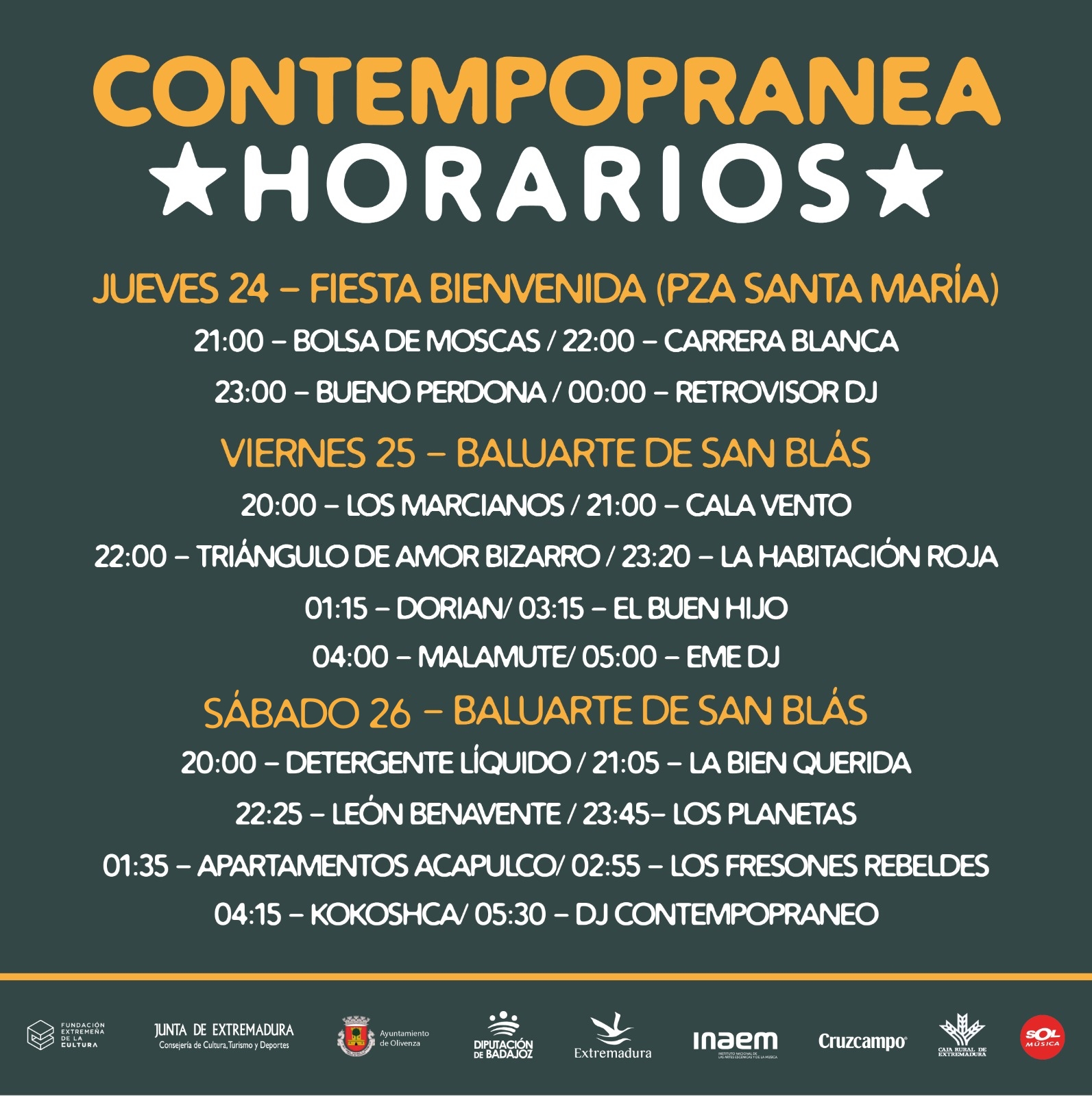 HORARIOS CONTEMPOPRANEA ESENCIAL 27º Festival Contempopranea 2023 24, 25 y 26 de agosto en Olivenza (Badajoz)