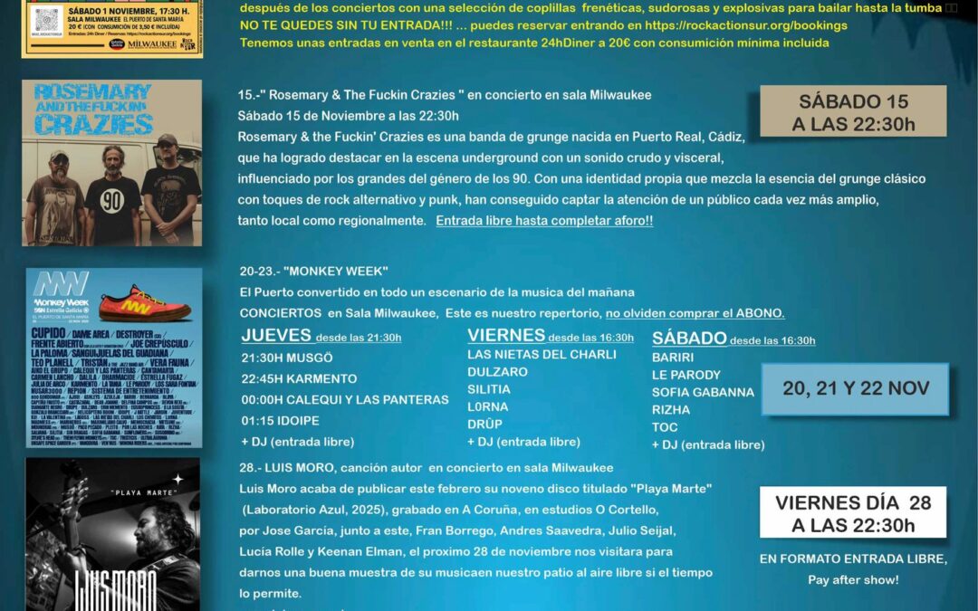Programación de noviembre en la Sala Milwaukee de El Puerto de Santa María (Cádiz)